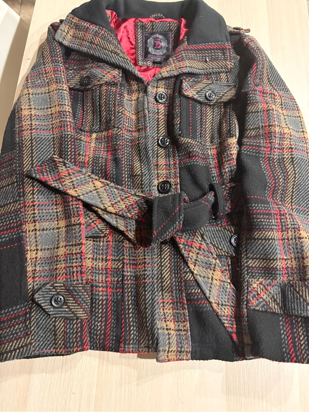 Women's Plaid Belted Pea Coat in Black, Red & Tan